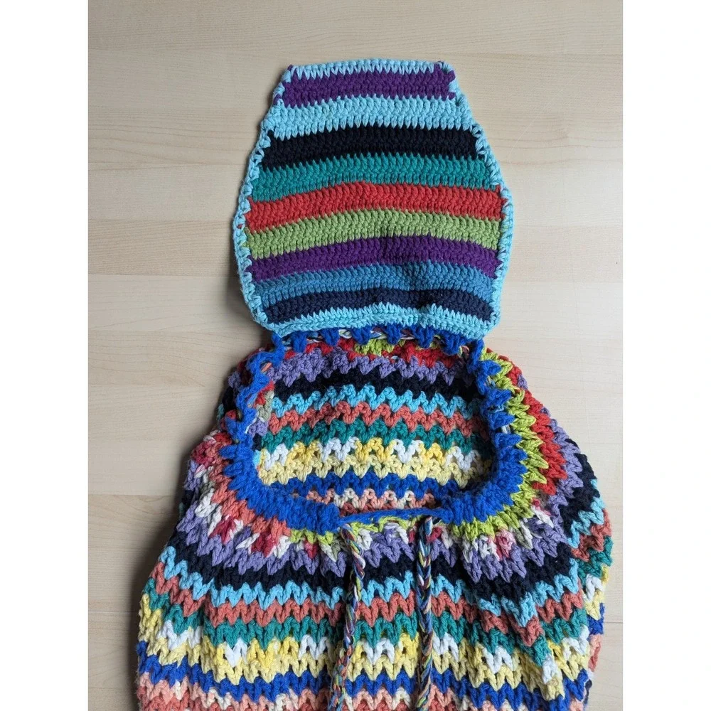Handmade Multicolor Star Charm Striped‎ Crochet Hobo Backpack Cotton Dopamine